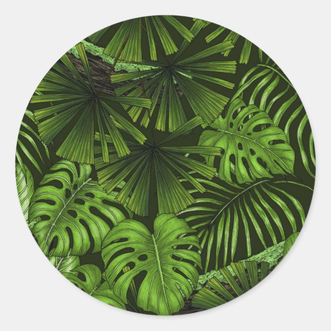 Jungle leaves classic round sticker (Front)