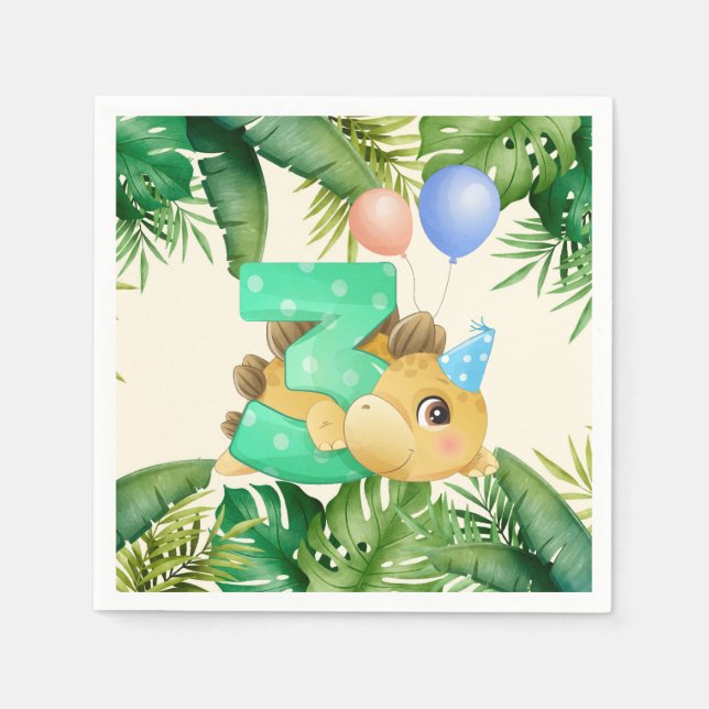 Jungle Leaves Cute Dinosaur 3rd Birthday Party Napkin (Front)