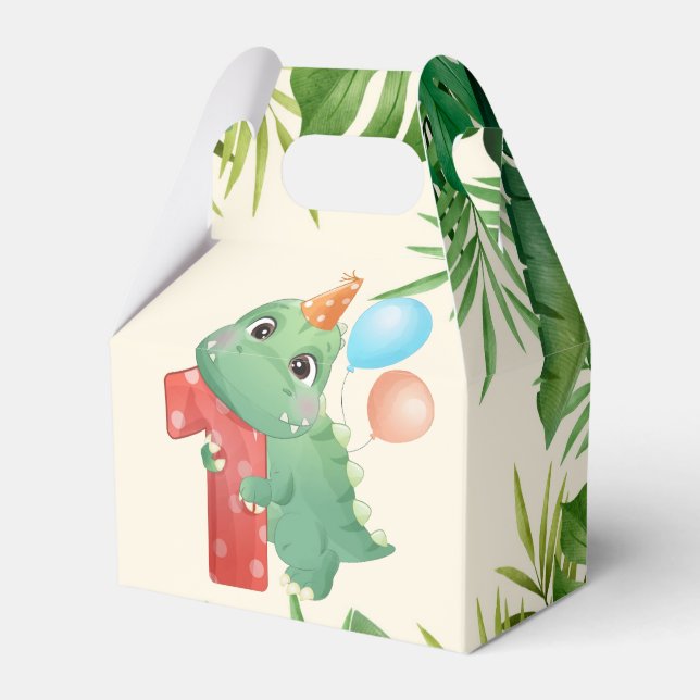 Jungle Leaves Dinosaur 1st Birthday Party  Favour Box (Front Side)