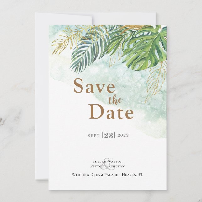Jungle Leaves Green Foilage Save The Date (Front)