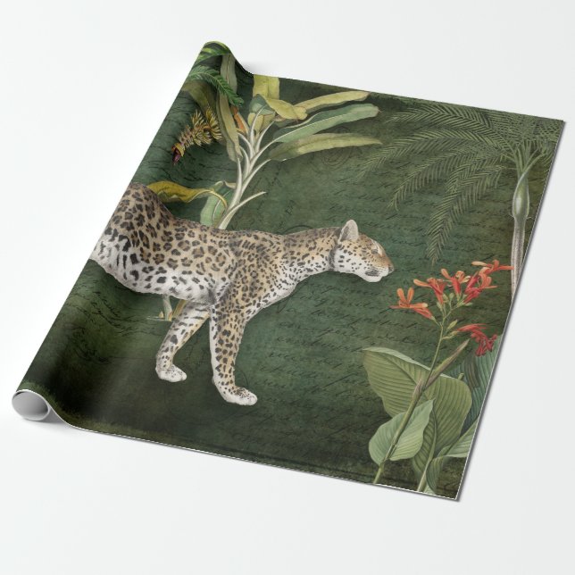 Jungle Leopard Tropical Floral n Foliage Decoupage Wrapping Paper (Unrolled)