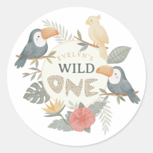 Jungle Leopard Tropical Toucan First Birthday Classic Round Sticker