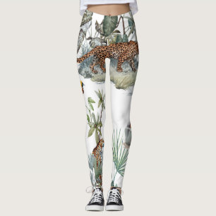 Jungle Leopard Watercolor Tropical Scene Leggings