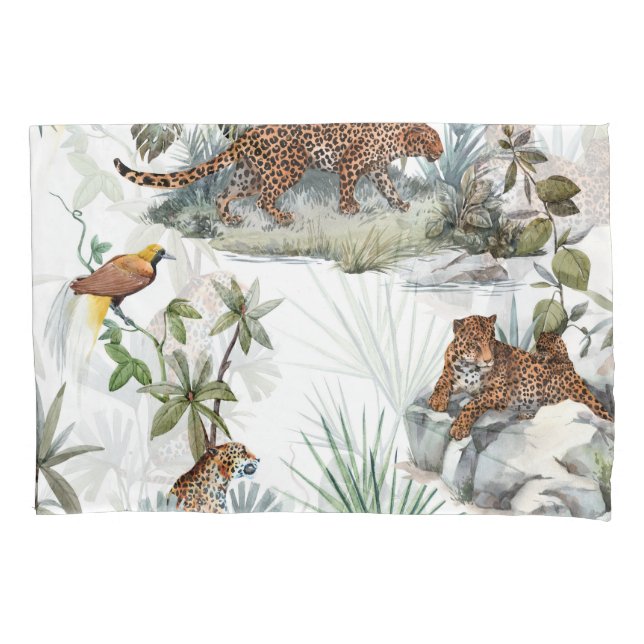 Jungle Leopard Watercolor Tropical Scene Pillowcase (Front)