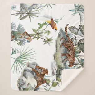 Jungle Leopard Watercolor Tropical Scene Sherpa Blanket