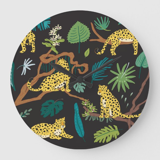 Jungle Leopards: Vintage Wildlife Illustrations Large Clock (Front)