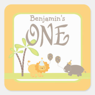 Jungle Lion and Hippo 1st Birthday Square Sticker