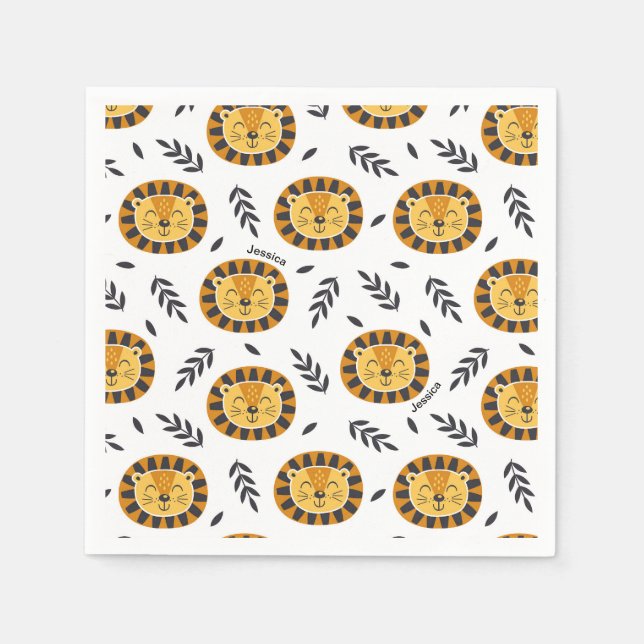 Jungle Lion Pattern with Kids Name Birthday Napkin (Front)