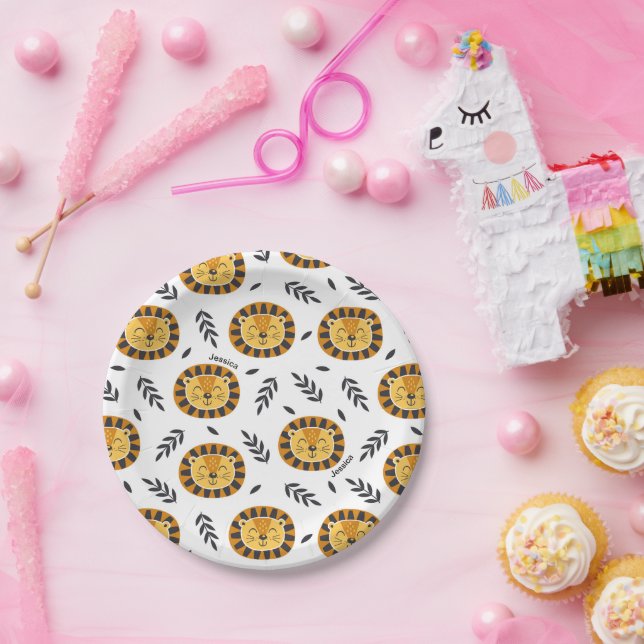 Jungle Lion Pattern with Kids Name Birthday Paper Plate (Party)