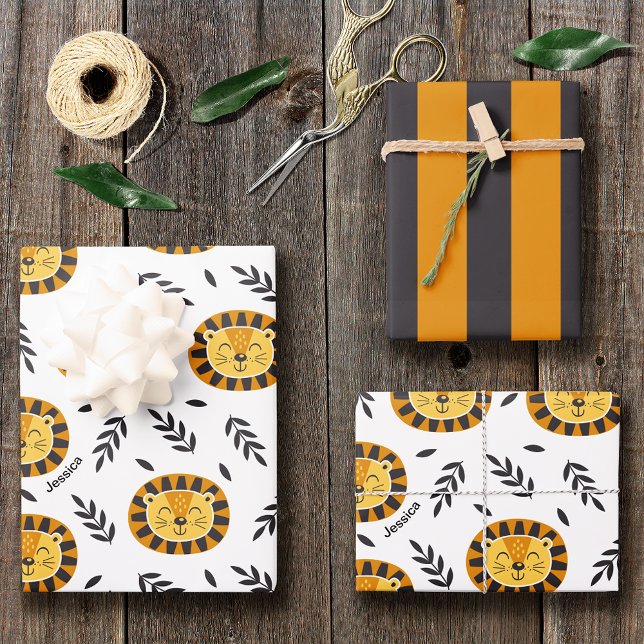 Jungle Lion Pattern with Kids Name Birthday Wrapping Paper Sheet (Creator Uploaded)