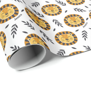 Jungle Lion Pattern with Kids Name Wrapping Paper
