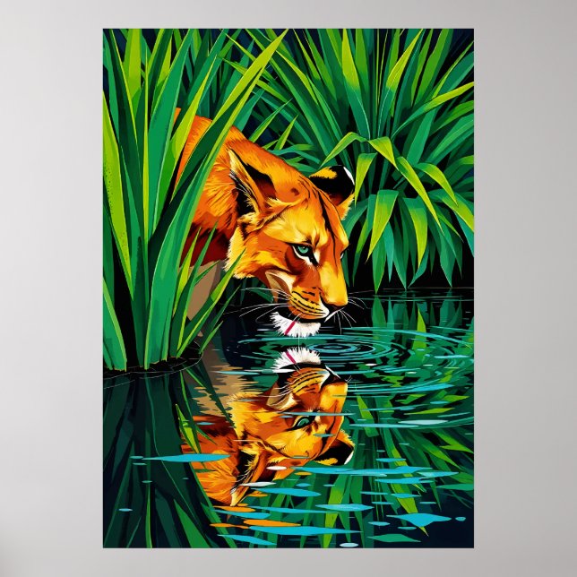 Jungle Lioness Reflection – Vibrant Water Art Poster (Front)