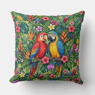 Jungle Macaws Cheerful Parrots Vibrant Flowers Cushion