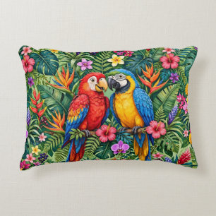 Jungle Macaws Cheerful Parrots Vibrant Flowers Decorative Cushion