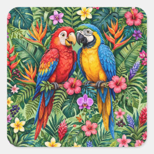 Jungle Macaws Cheerful Parrots Vibrant Flowers Square Sticker