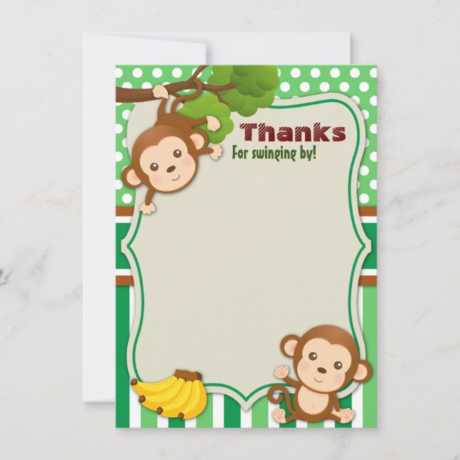 Jungle Monkey Animal Birthday Shower Thank You Card (Front)