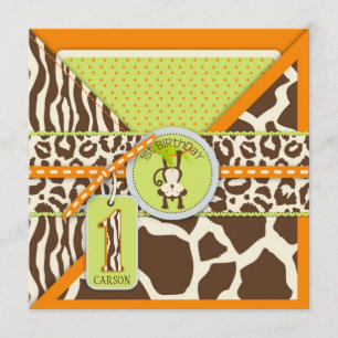 Jungle Monkey First Birthday Invitation Orange