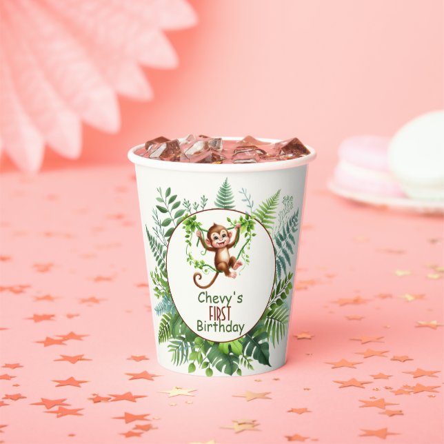 Jungle Monkey Hanging On Branch First Birthday  Paper Cups (Insitu)