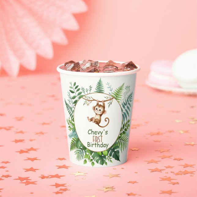 Jungle Monkey Hanging On Branch First Birthday  Paper Cups (Insitu)