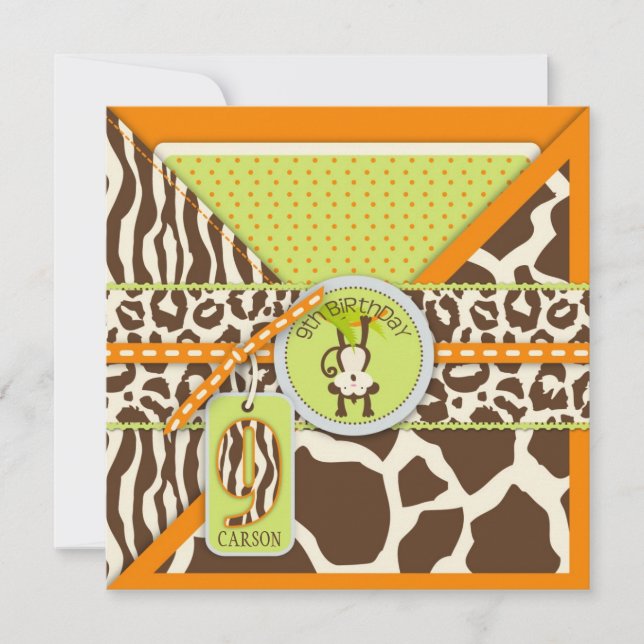 Jungle Monkey Nineth Birthday Invitation Orange (Front)