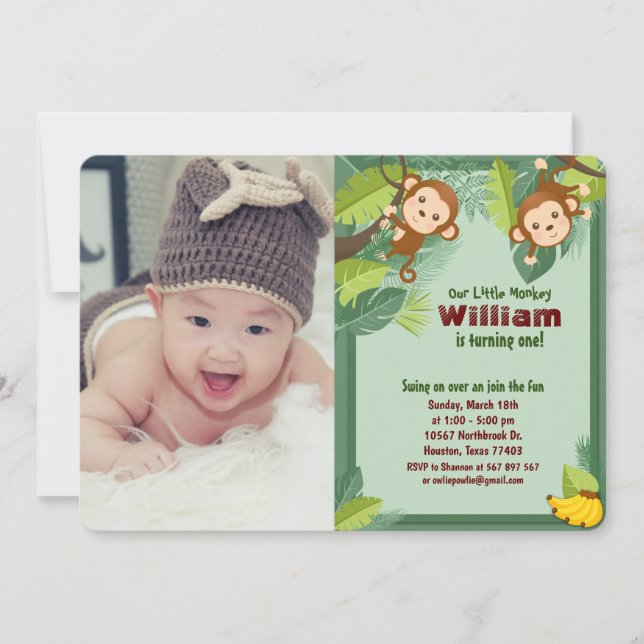 Jungle Monkey Safari Animal Boy Birthday Photo Invitation (Front)