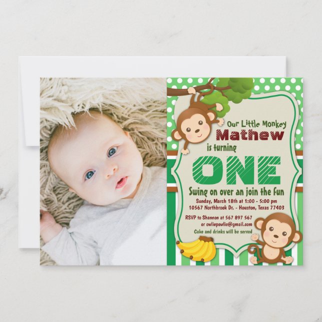 Jungle Monkey Safari Boy First Birthday Photo Invitation (Front)