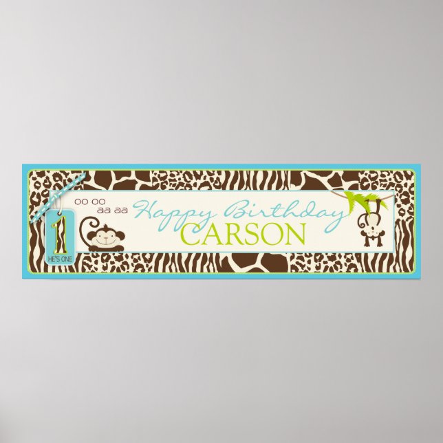 Jungle Monkey Safari First Birthday Banner Blue Poster (Front)