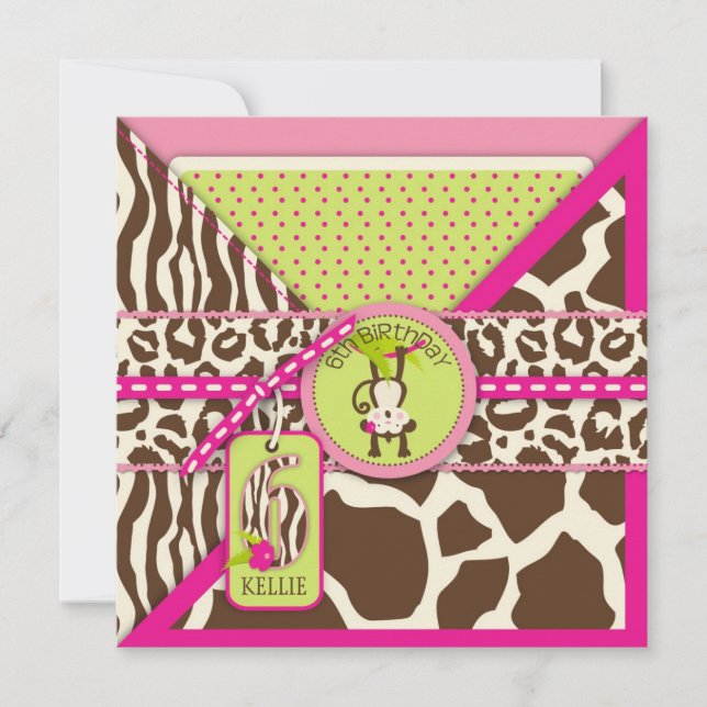 Jungle Monkey Sixth Birthday Invitation Pink (Front)