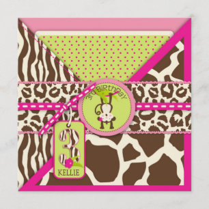 Jungle Monkey Third Birthday Invitation Pink