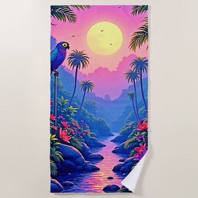 Jungle Moon Blue Parrot Paradise Beach Towel (Front)