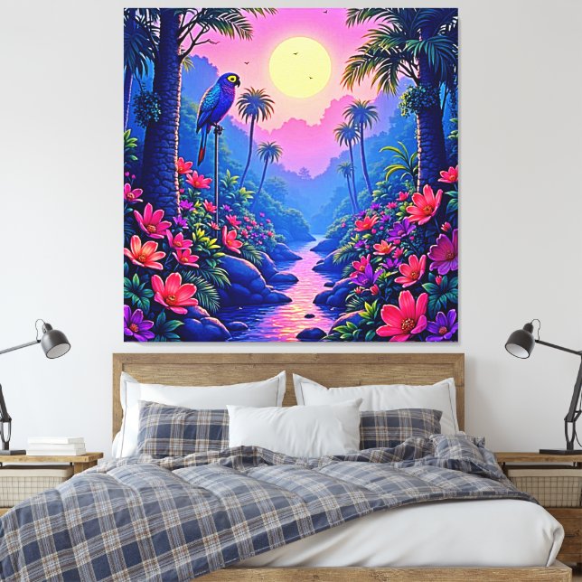 Jungle Moon Blue Parrot Paradise Canvas Print (Insitu(Bedroom))