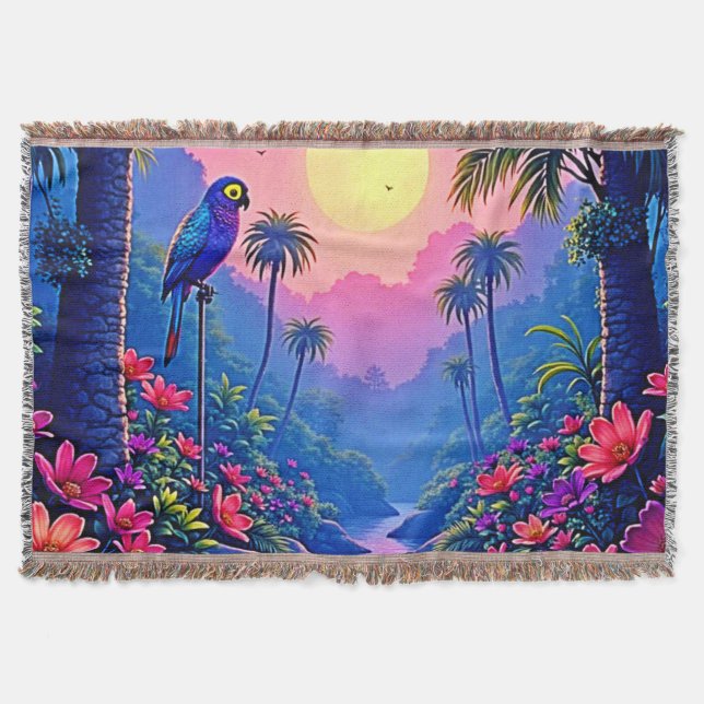Jungle Moon Blue Parrot Paradise Throw Blanket (Front)