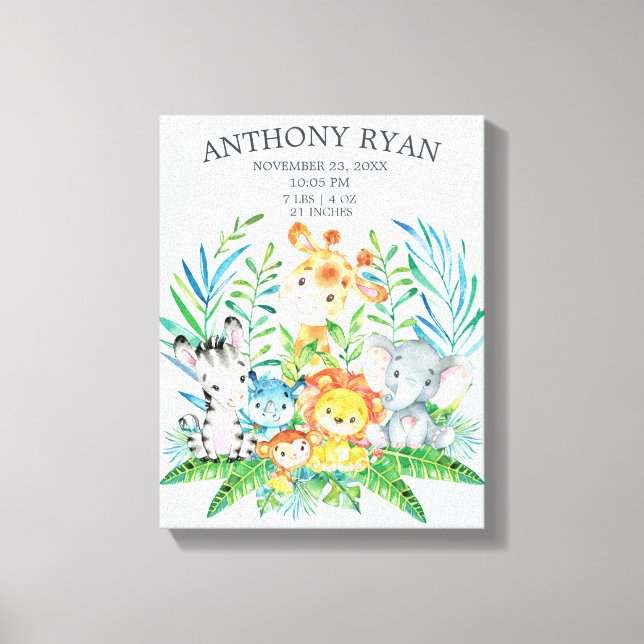Jungle New Baby Keepsake Birth Stats Canvas (Front)