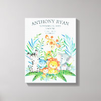 Jungle New Baby Keepsake Birth Stats Canvas