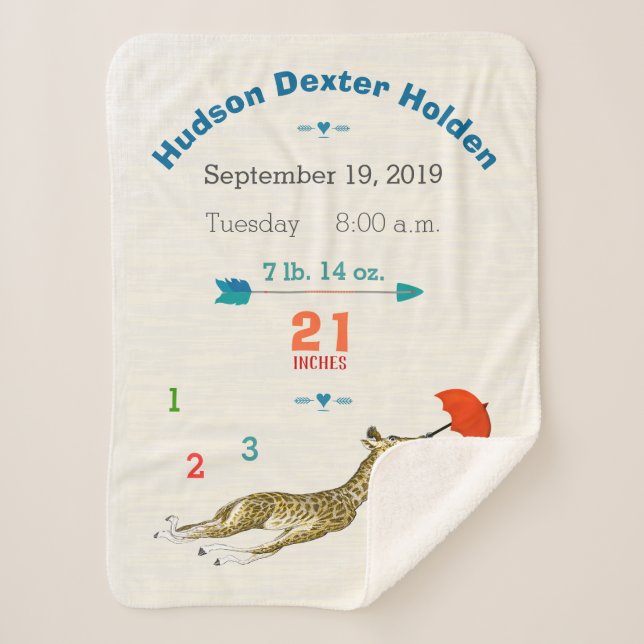 Jungle Nursery Flying Giraffe Baby Boy Birth Stats Sherpa Blanket (Front)