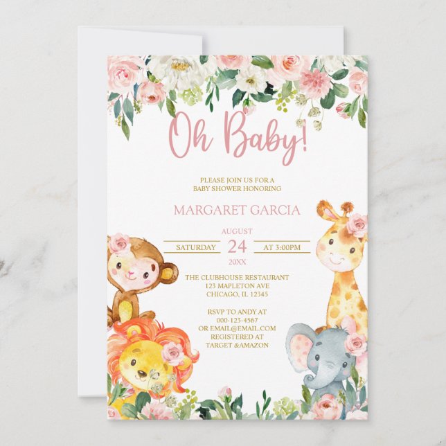 Jungle Oh Baby Girl Safari Animals Baby Shower Inv Invitation (Front)