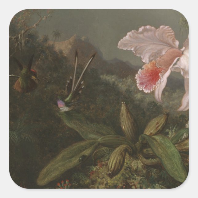 Jungle Orchids and Hummingbirds Square Sticker (Front)