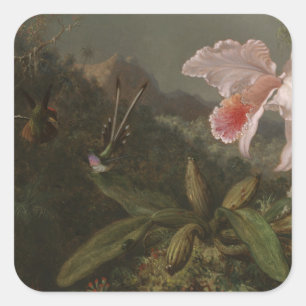 Jungle Orchids and Hummingbirds Square Sticker