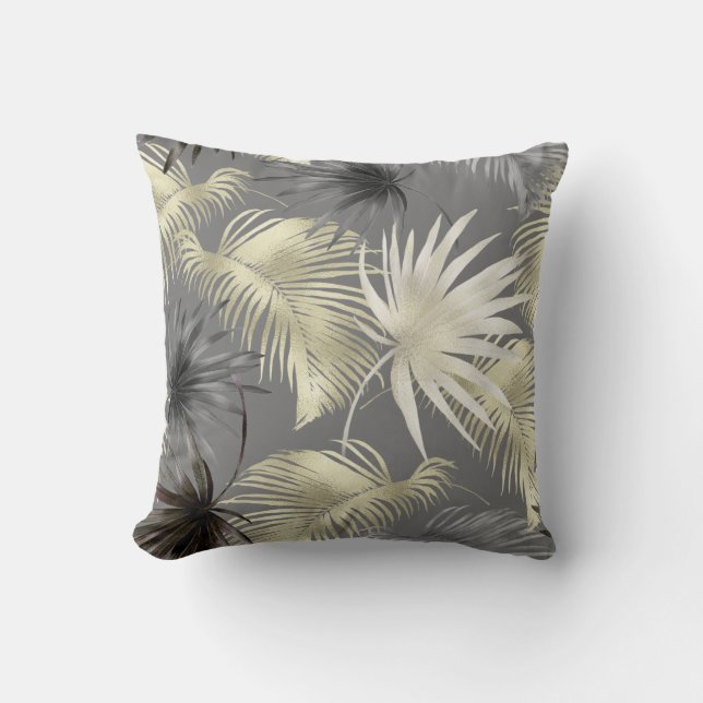 Jungle Palm Leaves and Branches Pattern on Grey Cushion (Front)