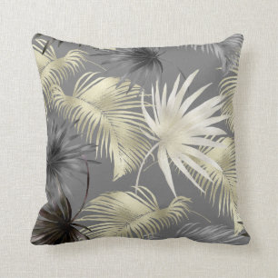 Jungle Palm Leaves and Branches Pattern on Grey Cushion