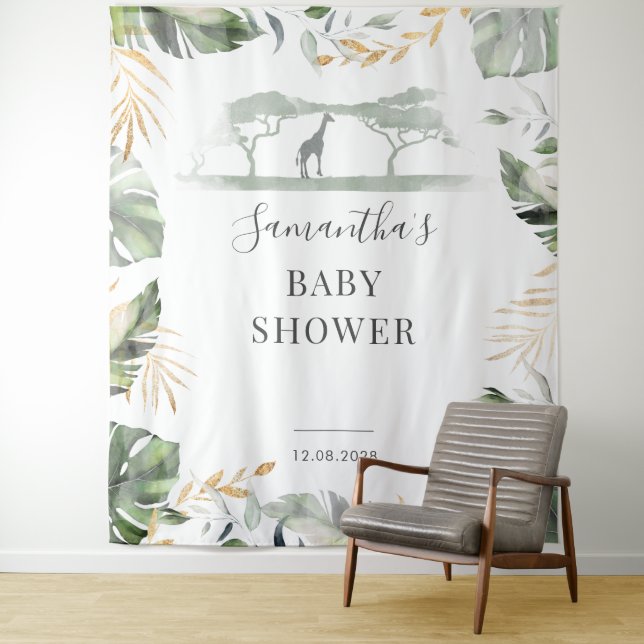 Jungle Palm Leaves Giraffe Baby Shower Backdrop Tapestry (In Situ)