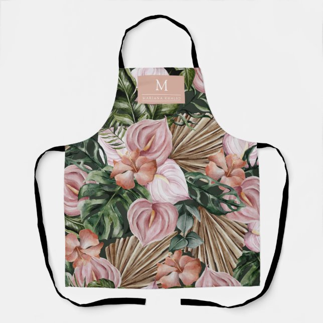 Jungle palm leaves rainforest flowers pink green apron (Front)