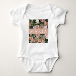 Jungle palm leaves rainforest flowers pink green baby bodysuit