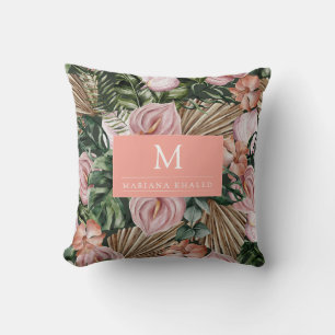 Jungle palm leaves rainforest flowers pink green cushion