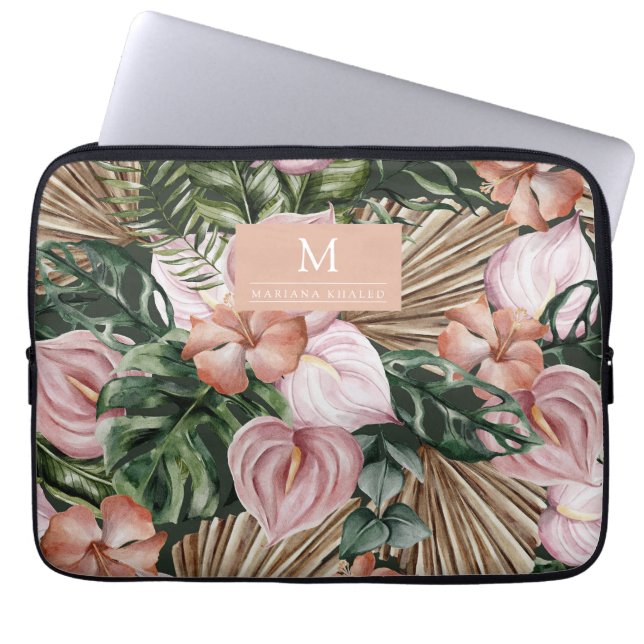 Jungle palm leaves rainforest flowers pink green laptop sleeve (Front)