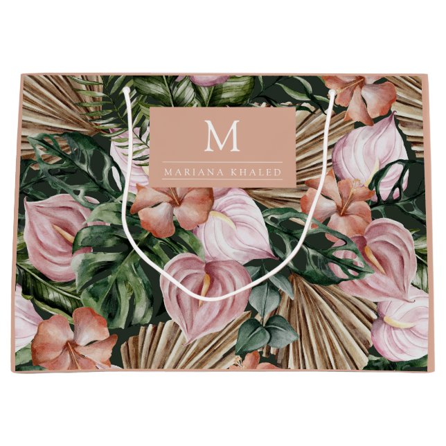 Jungle palm leaves rainforest flowers pink green large gift bag (Front)