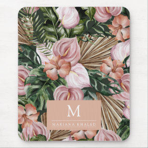 Jungle palm leaves rainforest flowers pink green mouse mat