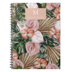 Jungle palm leaves rainforest flowers pink green notebook