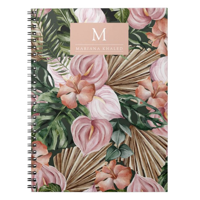 Jungle palm leaves rainforest flowers pink green notebook (Front)