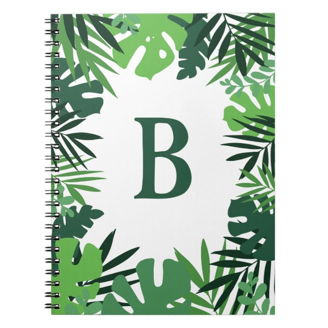 Jungle palm leaves, tropical design monogram notebook (Front)